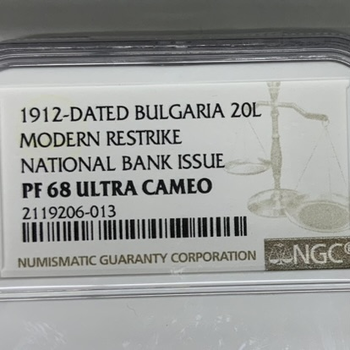 ●一点モノ● ブルガリア 1912年KM33 帝政確立・治世25周年 フェルディナンド1世 20レバ金貨 プルーフ 【NGC：PF68 ULTRA CAMEO】