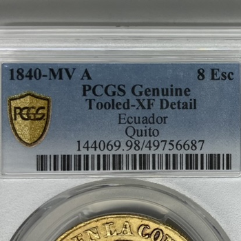 ●一点モノ● エクアドル 1840年MV AKM23 女神頭像 8エスクード金貨 美品 【PCGS：XF Details-Tooled】