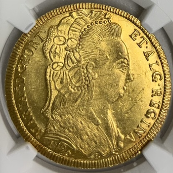 ●一点モノ● ブラジル 1790年KM226.2 マリア1世 6400レイ金貨 極美/未 【NGC：MS63】