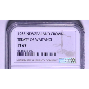 ●一点モノ● ニュージーランド 1935年KM6 ジョージ5世像 ワイタンギ条約記念 1クラウン銀貨 プルーフ 【NGC：PF67】