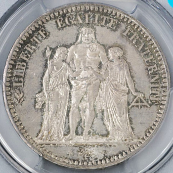 ●一点モノ● フランス 1848年A KM756.1 ヘラクレス立像 5フラン銀貨 未使用　トーン 【PCGS：MS65】