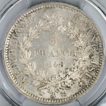 ●一点モノ● フランス 1848年A KM756.1 ヘラクレス立像 5フラン銀貨 未使用　トーン 【PCGS：MS65】