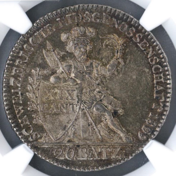 ●一点モノ● スイス 1809年 KM17 アールガウ州 20バッツェン銀貨 未使用 トーン 【NGC：MS63+】