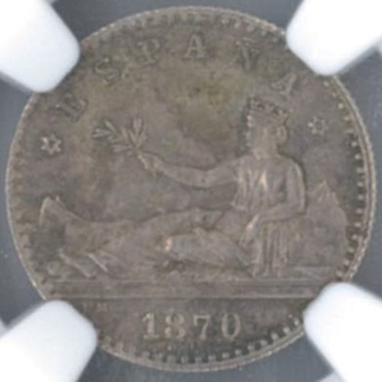 ●一点モノ● スペイン 1870年SNM KM650 女神座像 20センティモ銀貨 極美/未 【NGC：MS62】