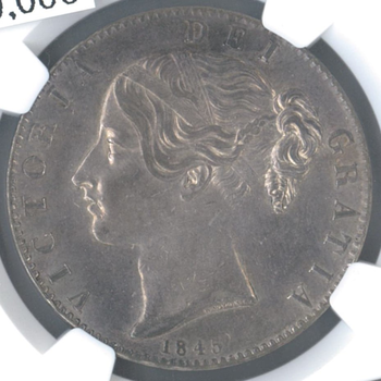 ●一点モノ● 英国 1845年 KM741 ヴィクトリア女王像 ヤングヘッド 1クラウン銀貨 極美+ 【NGC：AU55】