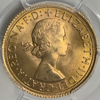 ●一点モノ● 英国 1965年 KM908/Y137  エリザベス2世像 1ソブリン金貨 未使用 【PCGS:MS65】